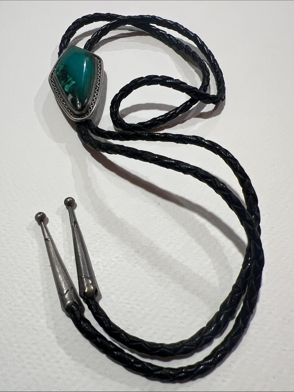 Sterling Silver and Turquoise Bolo Tie with Braided Black Leather Cord